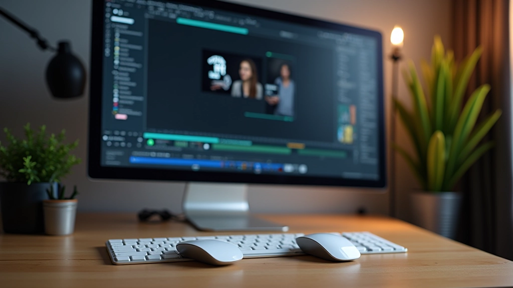 Écran d'ordinateur affichant une interface d'édition photo avec histogramme, clavier mécanique et souris sans fil sur bureau de travail