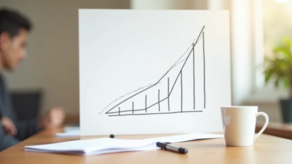 Tableau blanc avec graphique en croissance dessiné, stylo marqueur noir à proximité, bureau de travail en bois clair avec café chaud