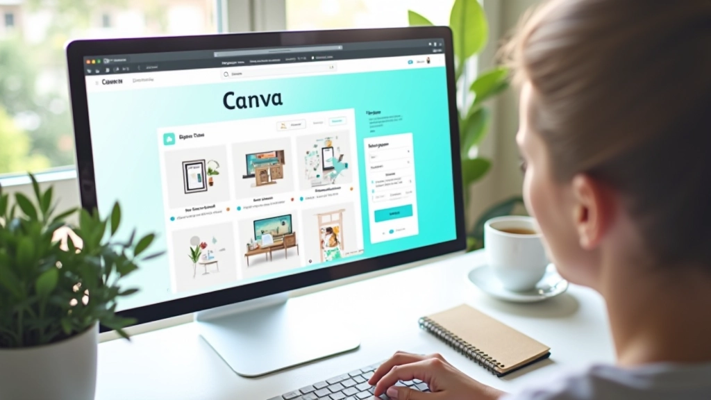 Écran d'ordinateur montrant Canva avec des templates de design variés en cours d'édition