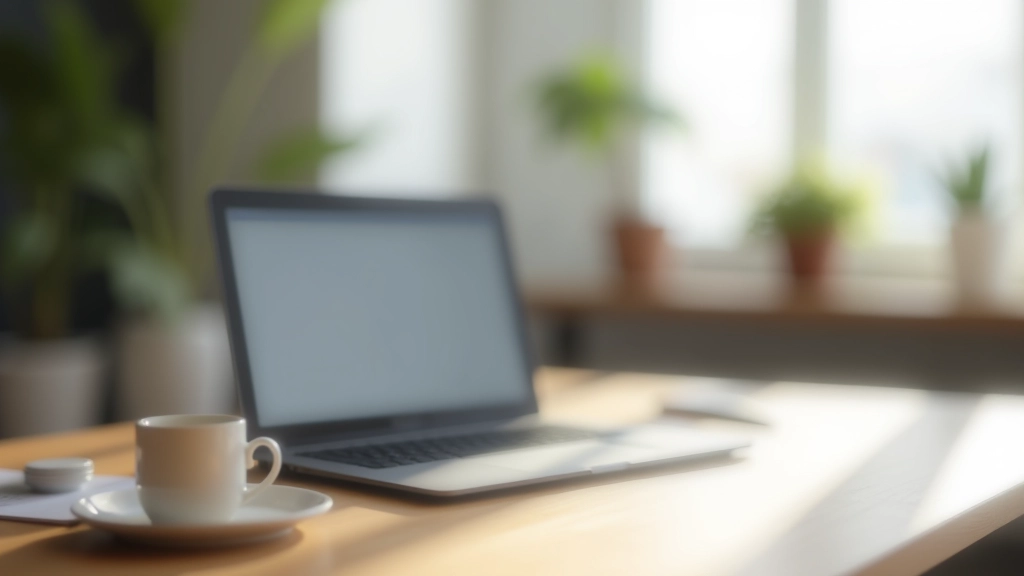 Espace de travail moderne avec ordinateur portable et café, montrant un environnement productif pour le travail en ligne