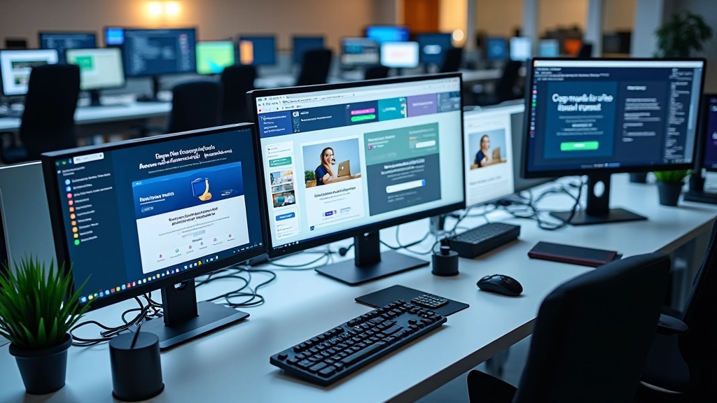 Différentes plateformes de vente de templates numériques affichées sur plusieurs écrans