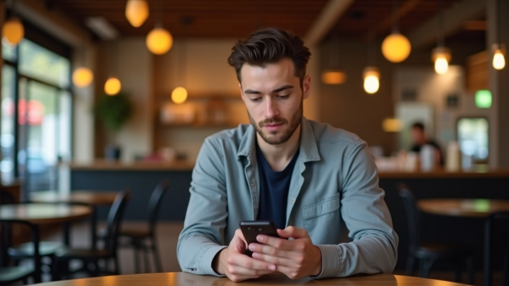 Personne utilisant son téléphone pour accepter une tâche via application de gig work, café moderne en arrière-plan
