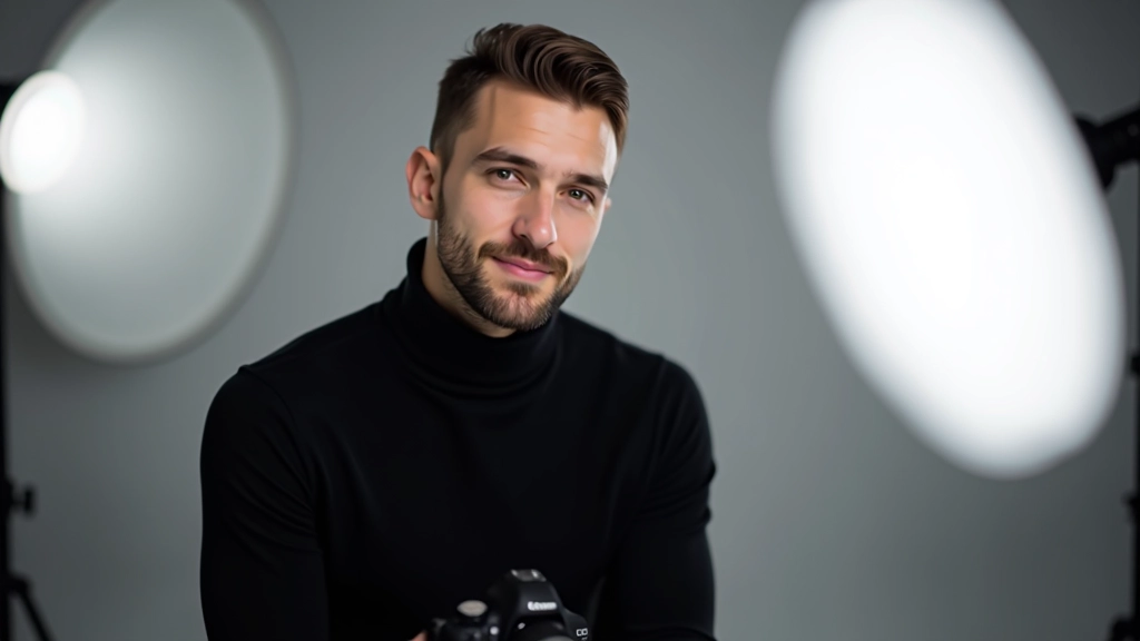 Photographe professionnel tenant un appareil photo reflex numérique, studio lumineux avec réflecteurs blancs en arrière-plan