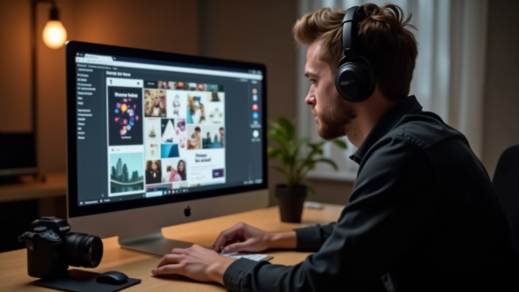 Photographe visionnant ses photos sur ordinateur avec galerie d'images en arrière-plan