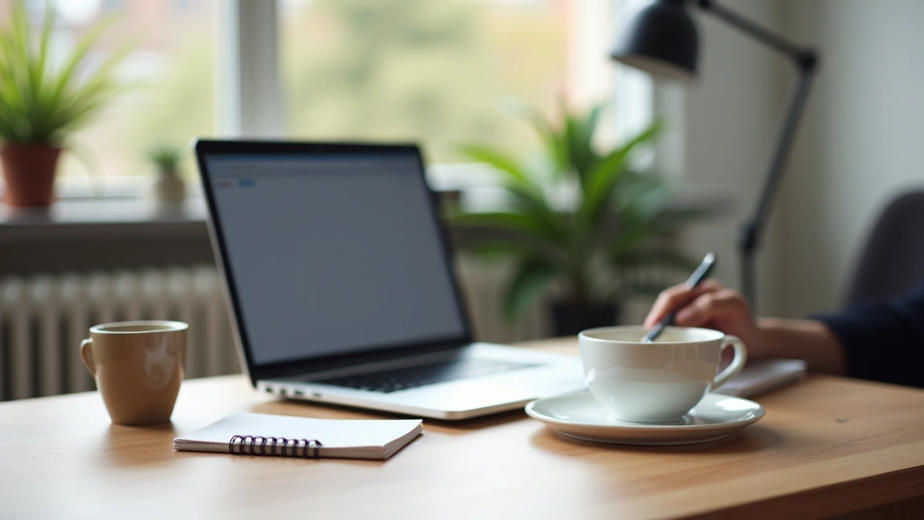 Ordinateur portable sur un bureau avec cahier et café, espace de travail créatif moderne